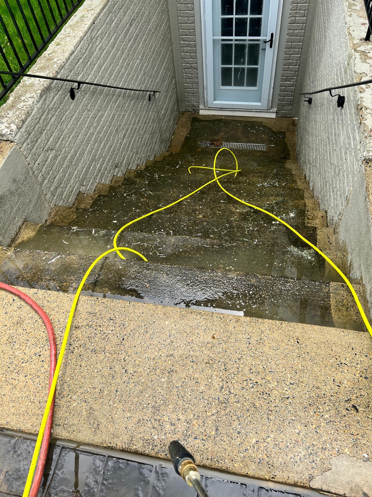 Before — concrete stairs and entry covered in algae and dirt during pressure washing